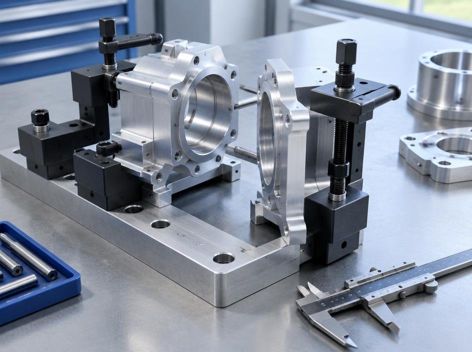 Aluminum components clamped in a fixture for fit-up