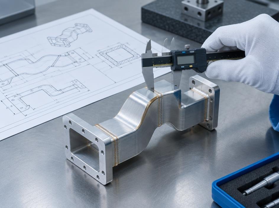 Measuring a brazed waveguide part with calipers against a drawing